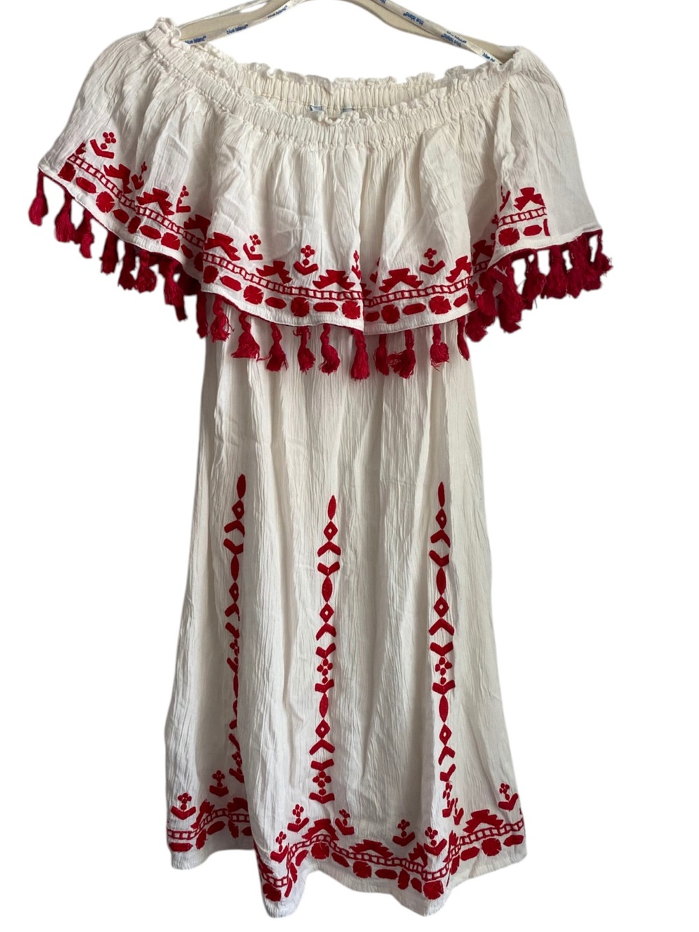 blue island White Dress with Red Embroidery